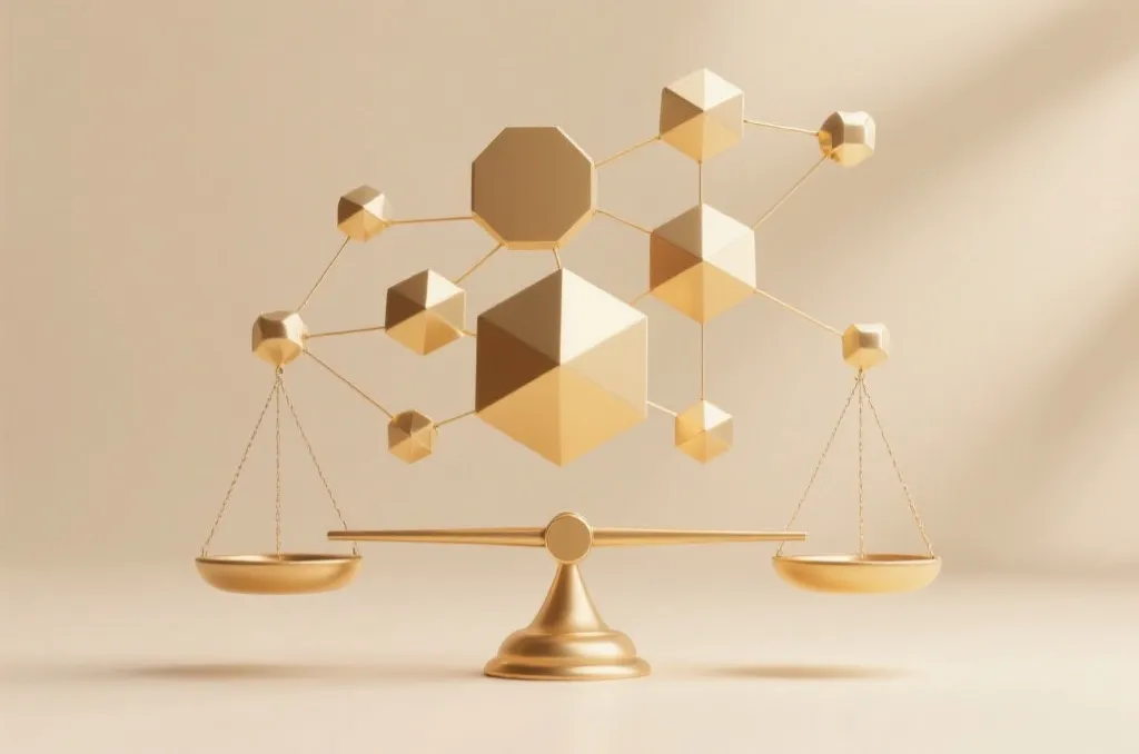 一个金色的天平，两端平衡着几何图形与抽象的数据节点，象征理性与概率